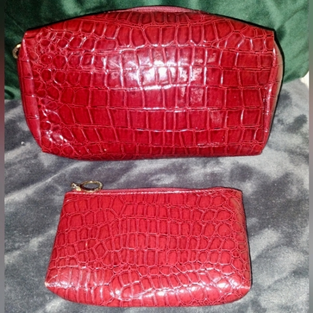 Estee Lauder Deep Red Croc Embossed Patent Toiletry Cosmetic Bags, Set of 2